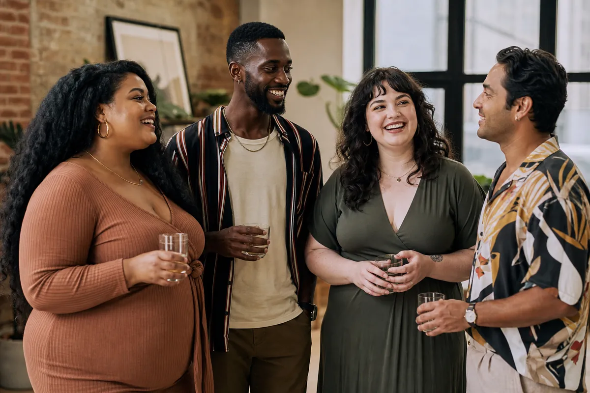 Diverse group of adults socializing warmly at a lifestyle mixer event, representing body-inclusive community