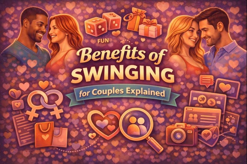 Illustration of two smiling couples surrounded by heart icons, gifts, and symbols, with the text 