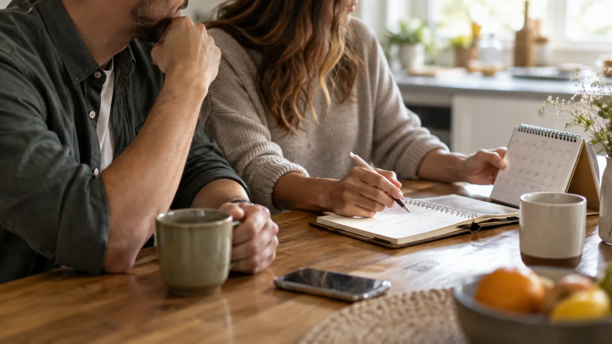 An adult couple sits at a kitchen table with a notebook and a small calendar, planning together in daylight