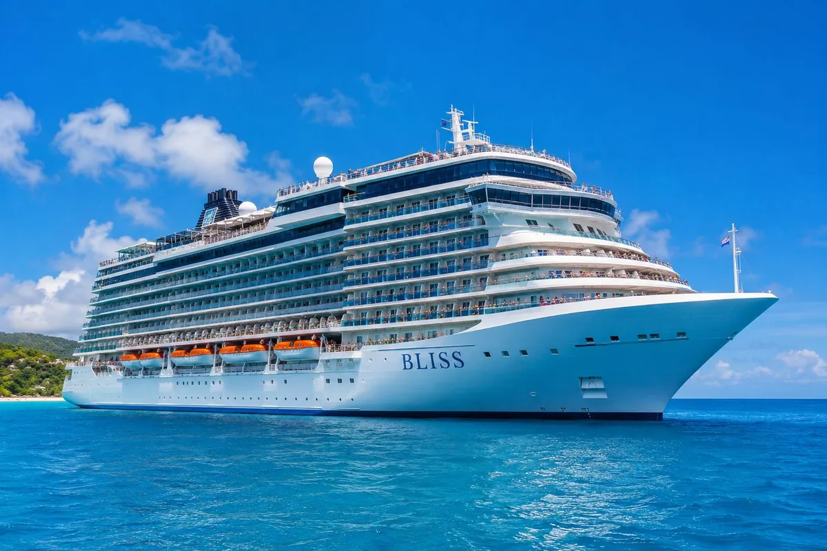 An open suitcase packed with colorful resort wear and accessories ready for a tropical lifestyle cruise vacation.