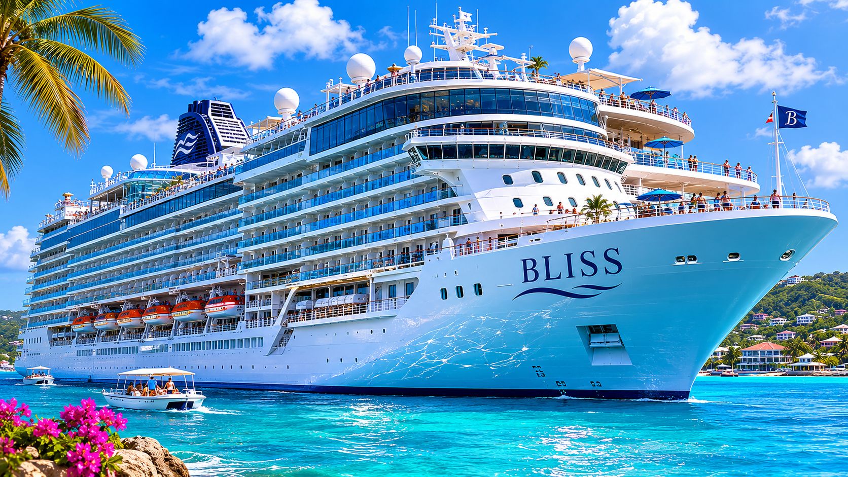 A large cruise ship on calm Caribbean waters under a bright blue sky.