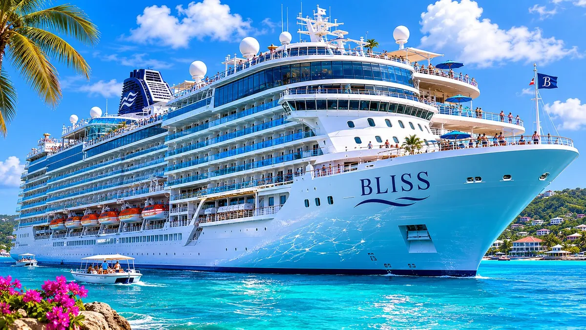 A large cruise ship on calm Caribbean waters, guests visible on deck enjoying a lifestyle cruise event.