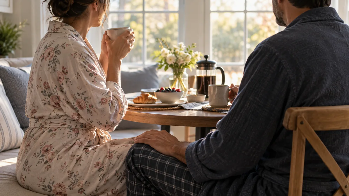 An adult couple of different body types sits on the edge of a bed in robes, her hand on his knee, soft light behind them