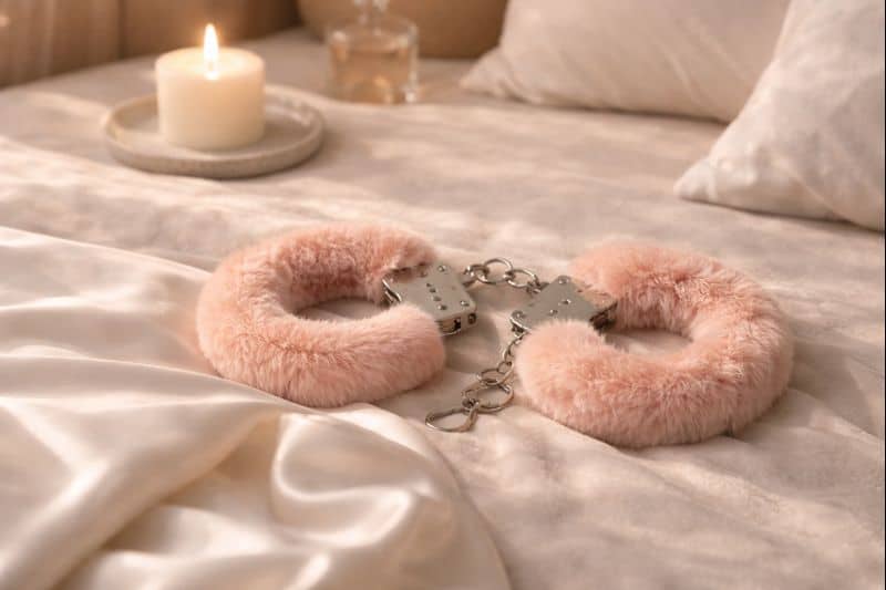A pair of pink fluffy handcuffs, perfect for bondage 101, rests on a bed with beige sheets, next to a lit candle and a glass bottle.