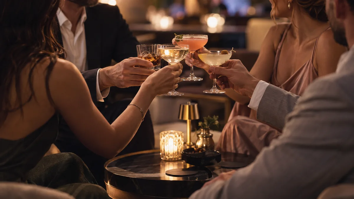 An adult couple at a lounge bar meeting another couple, hands raised in a toast, warm low light