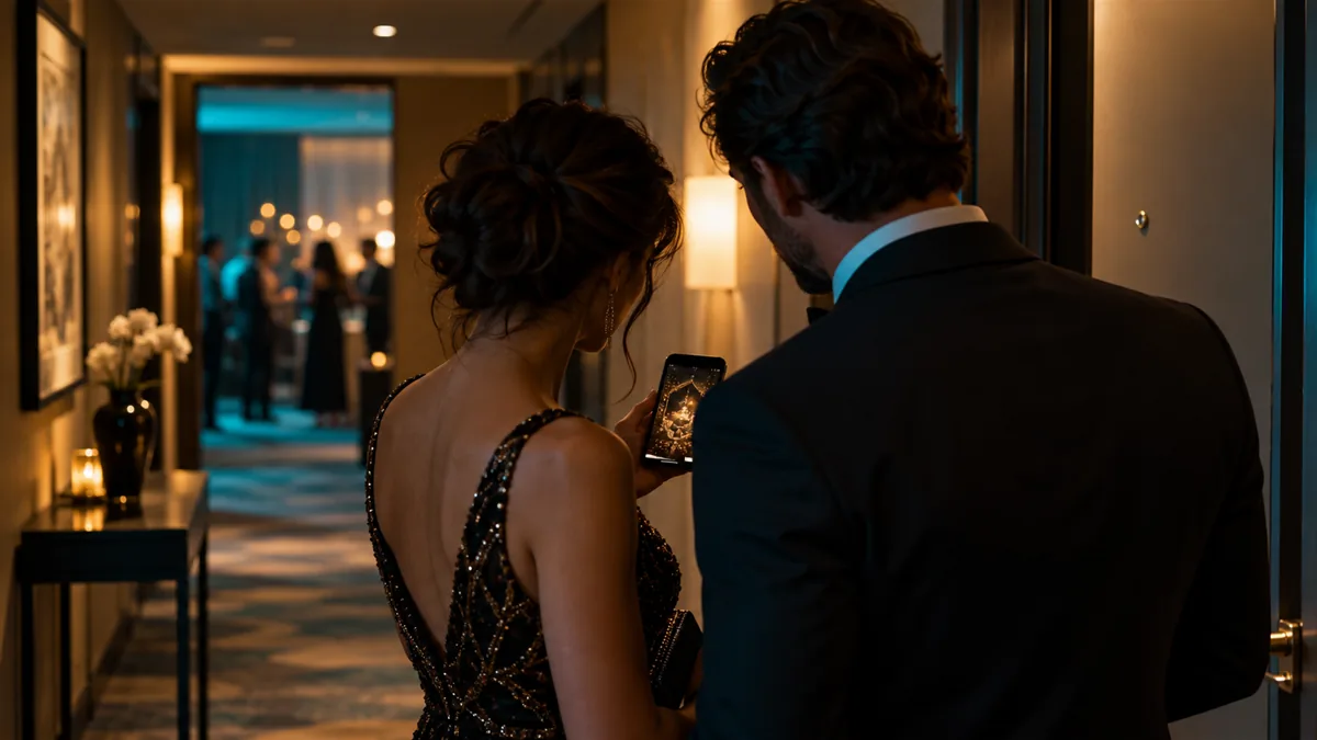 An adult couple checking a party invitation on a phone in a hotel corridor, dressed for a themed night, no readable text