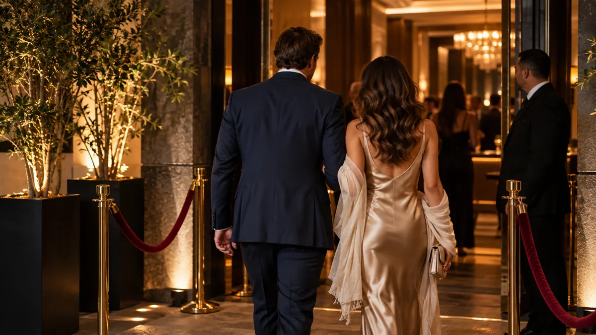 The entrance hallway of an upscale private club at night, velvet rope, warm downlights, an adult couple walking in seen from behind