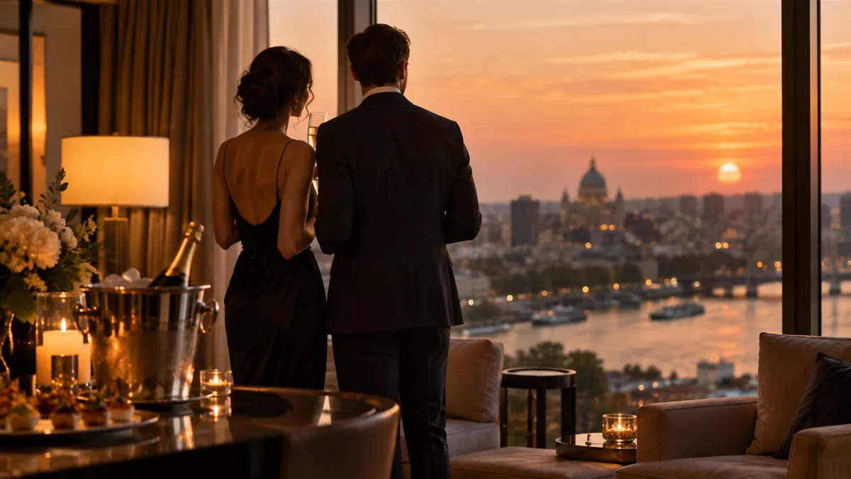 A hotel suite set for a private party, low lamps, champagne on ice, an adult couple in cocktail wear seen from behind at the window