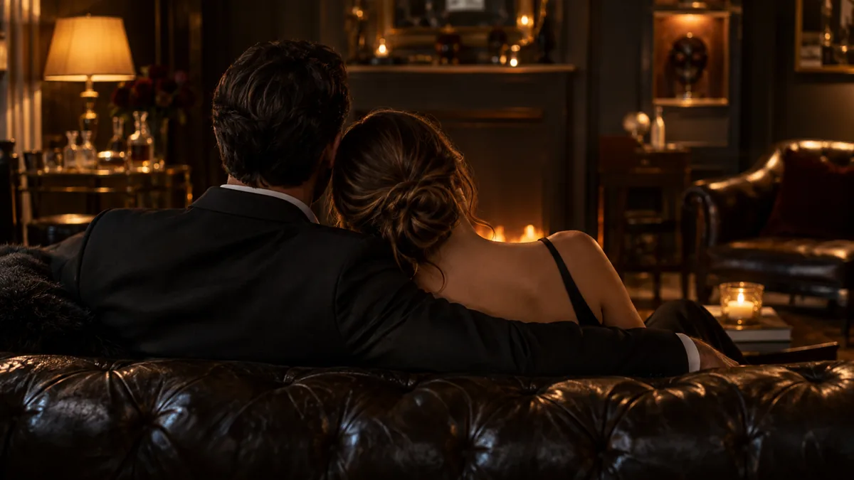 A dim, tasteful dungeon-style lounge with leather seating and warm accent light, an adult couple in black evening wear seen from behind