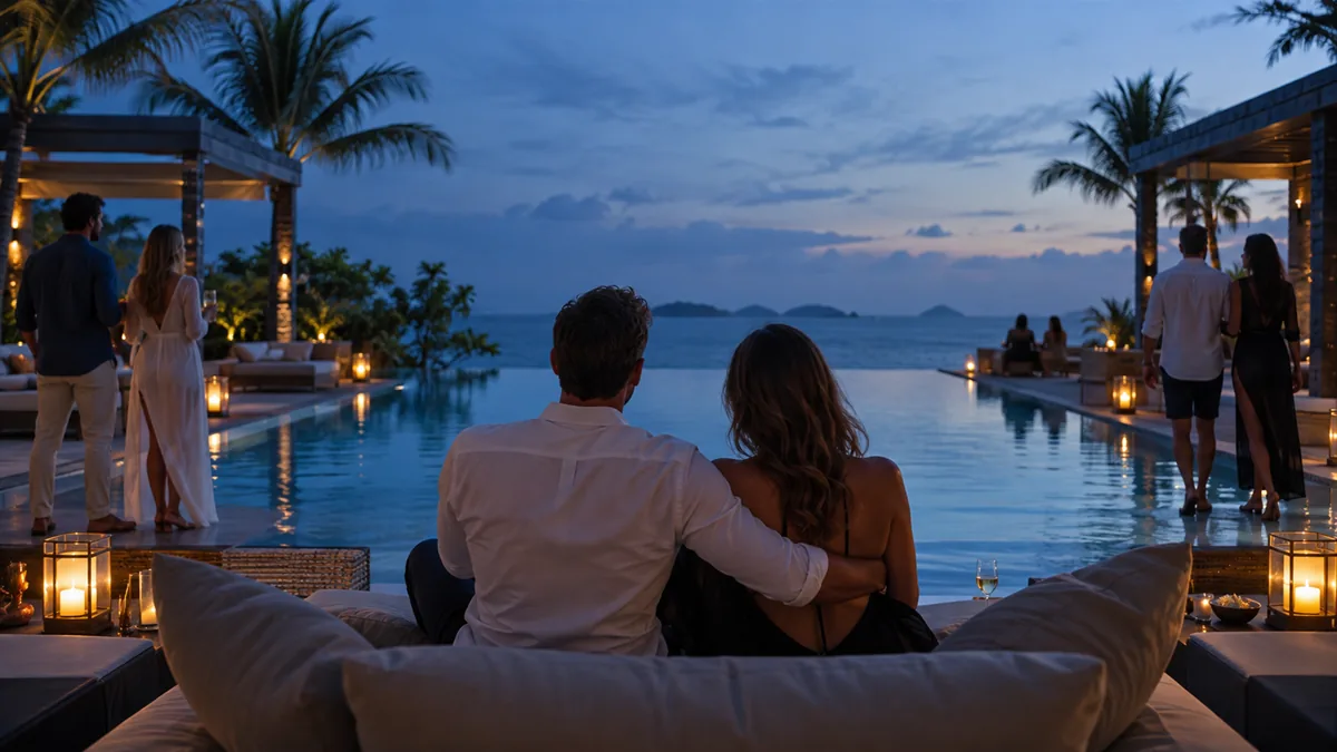 A clothing-optional resort pool at dusk, adult couples in swimwear and cover-ups by the water, wide shot, no faces