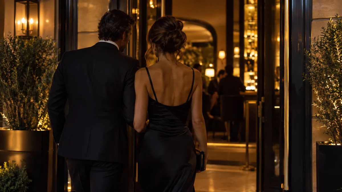 An adult couple standing at a lit doorway at night, about to enter, seen from behind