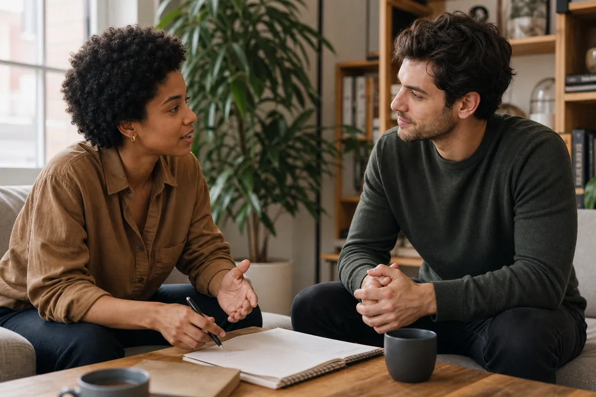 Two partners in quiet conversation before a kink scene, discussing boundaries and safety signals in a respectful and focused way