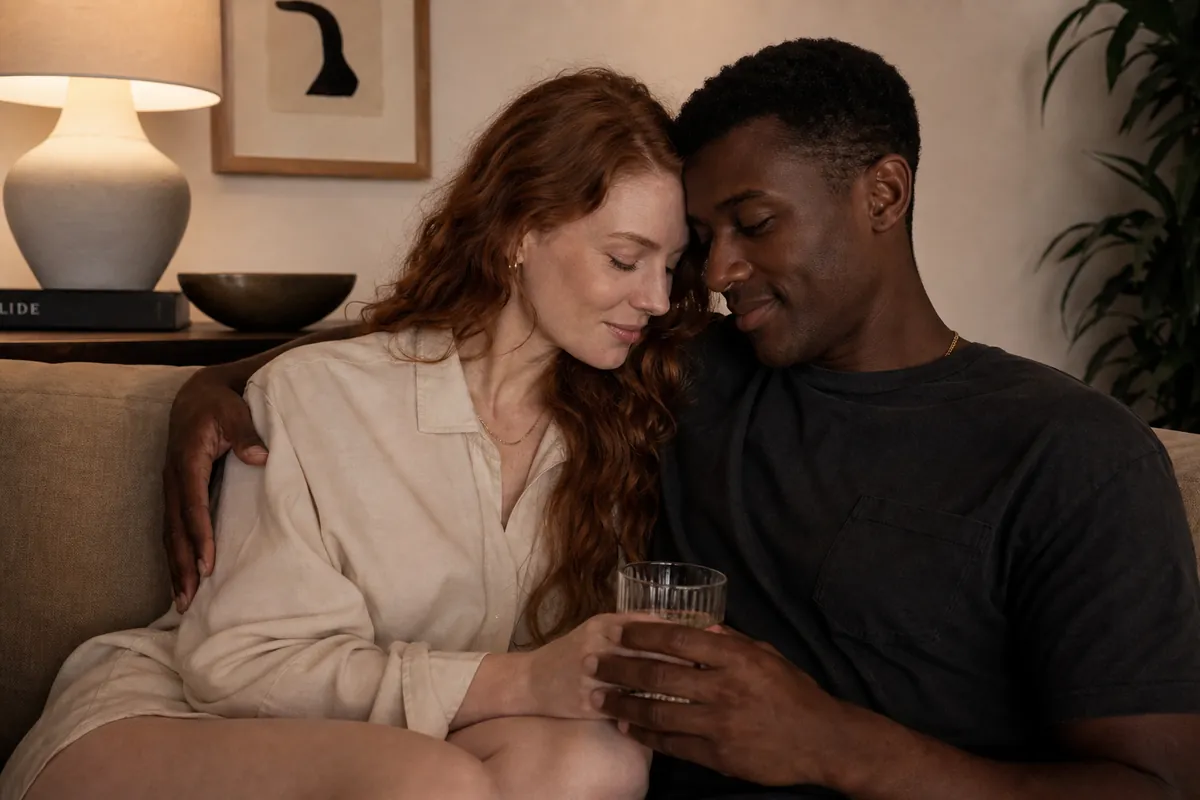 A couple sits together in a warm, relaxed setting, representing aftercare and emotional reconnection after a threesome experience.