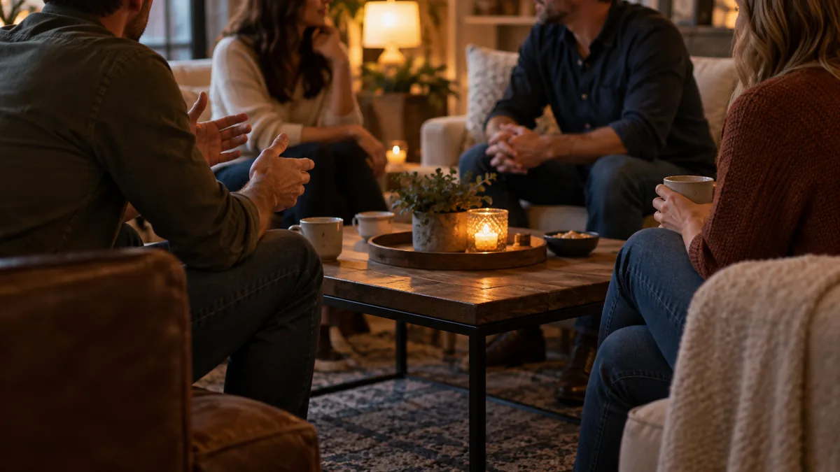 Four adults sit around a low table in a quiet lounge, leaning in and listening to one another, drinks untouched