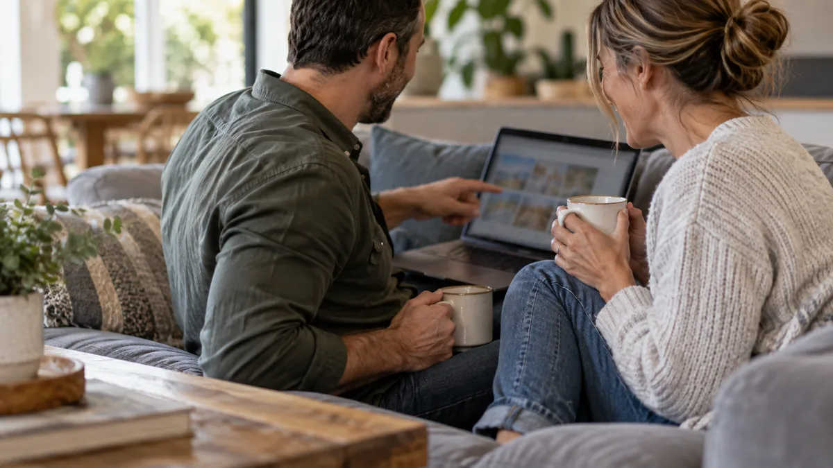 An adult couple sits together on a couch with a laptop, pointing at the screen and laughing, coffee mugs nearby