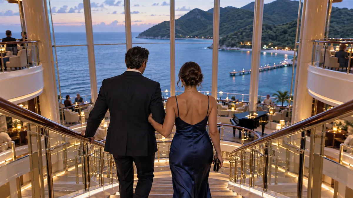 An adult couple in elegant formal wear on a symmetrical ship atrium staircase, cool evening light, Labadee coastline through tall windows