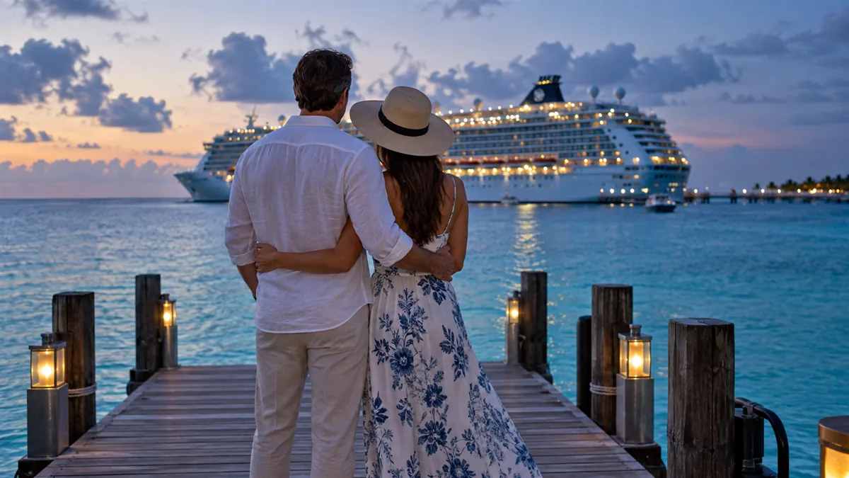 An adult couple in bright resort casual on a tender dock at Cozumel, a cruise ship anchored in turquoise water behind them