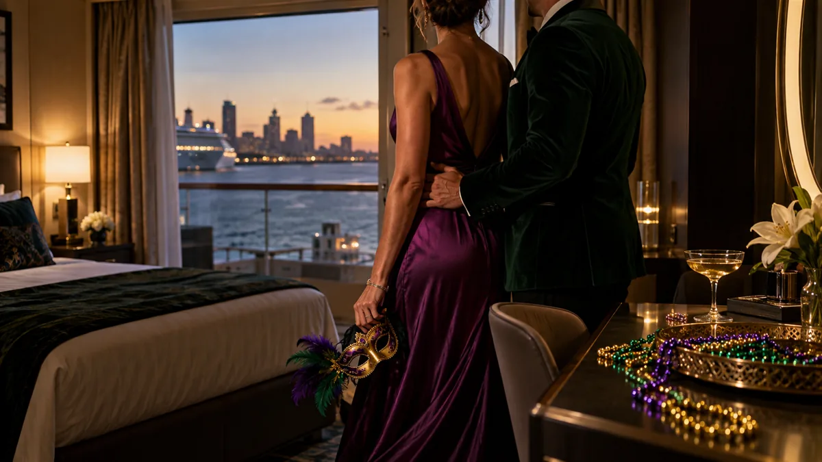 An adult couple in cocktail wear with a masquerade mask held in hand, a ship stateroom, purple, green and gold beads on the desk, New Orleans departure mood