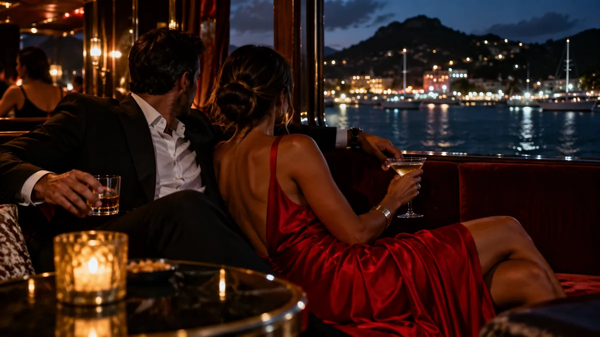 An adult couple in bold statement wear in a dark ship lounge booth, red and gold accents, St Maarten harbor lights through the window