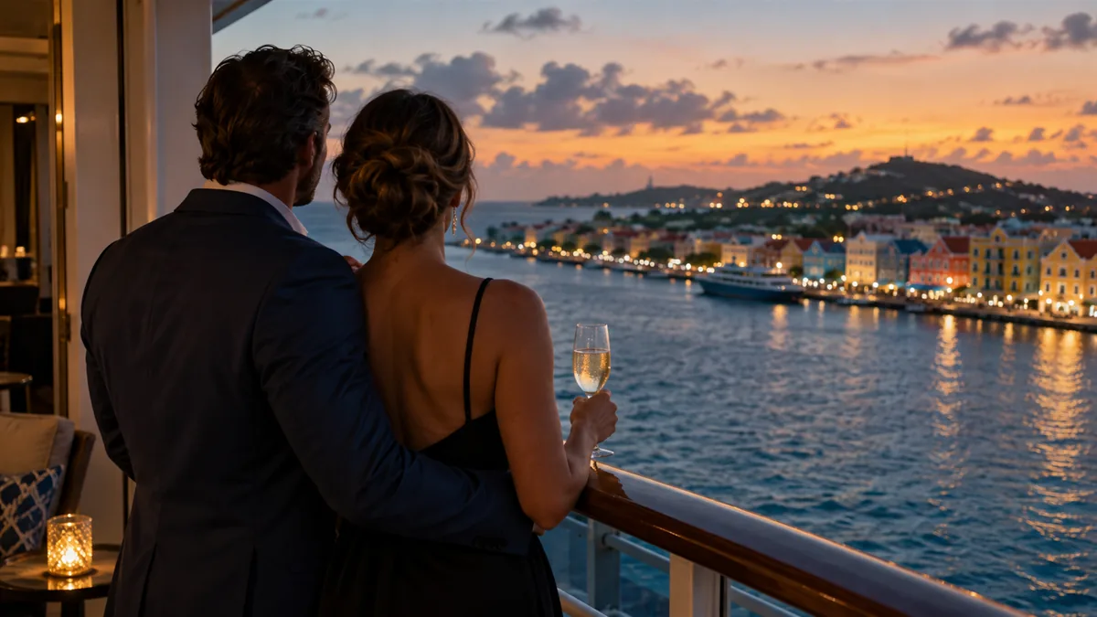 An adult couple in evening attire on a ship balcony at dusk with the pastel waterfront of Curacao in the distance
