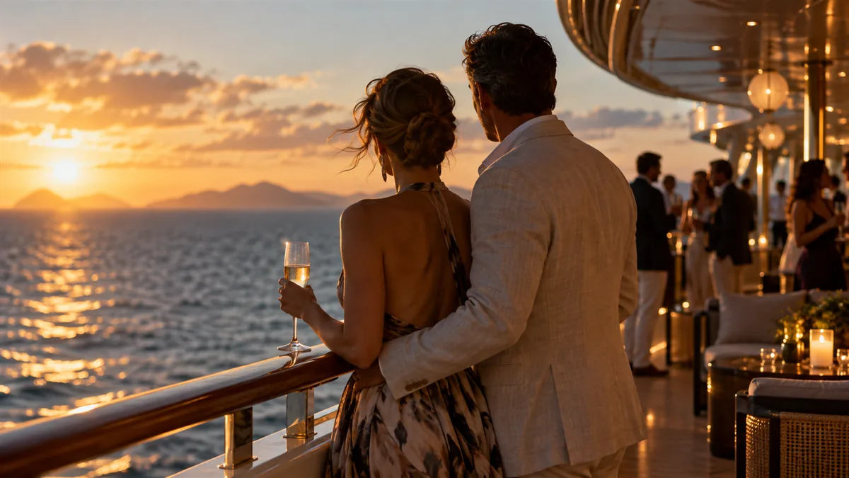 An adult couple in resort wear at the rail of a large cruise ship at sea, a clothing-optional upper deck party in soft focus behind them, Caribbean light