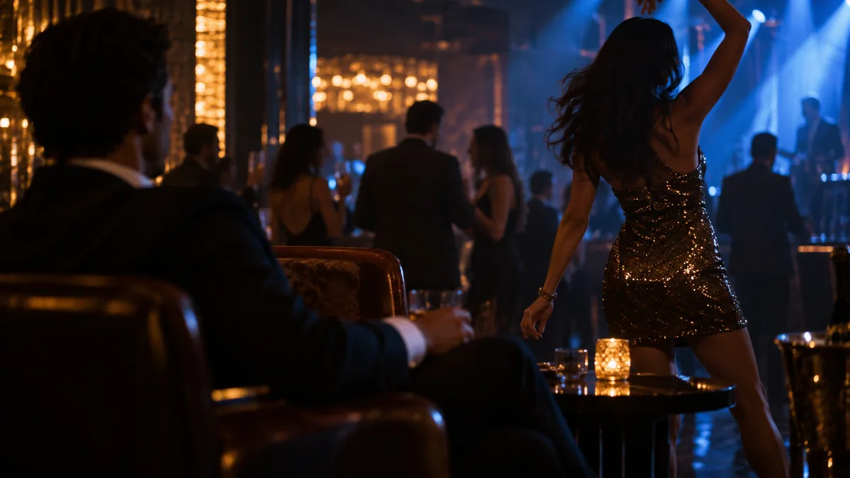 An adult woman in a sequined party dress dances in club light in silhouette while her partner watches from the edge of the floor