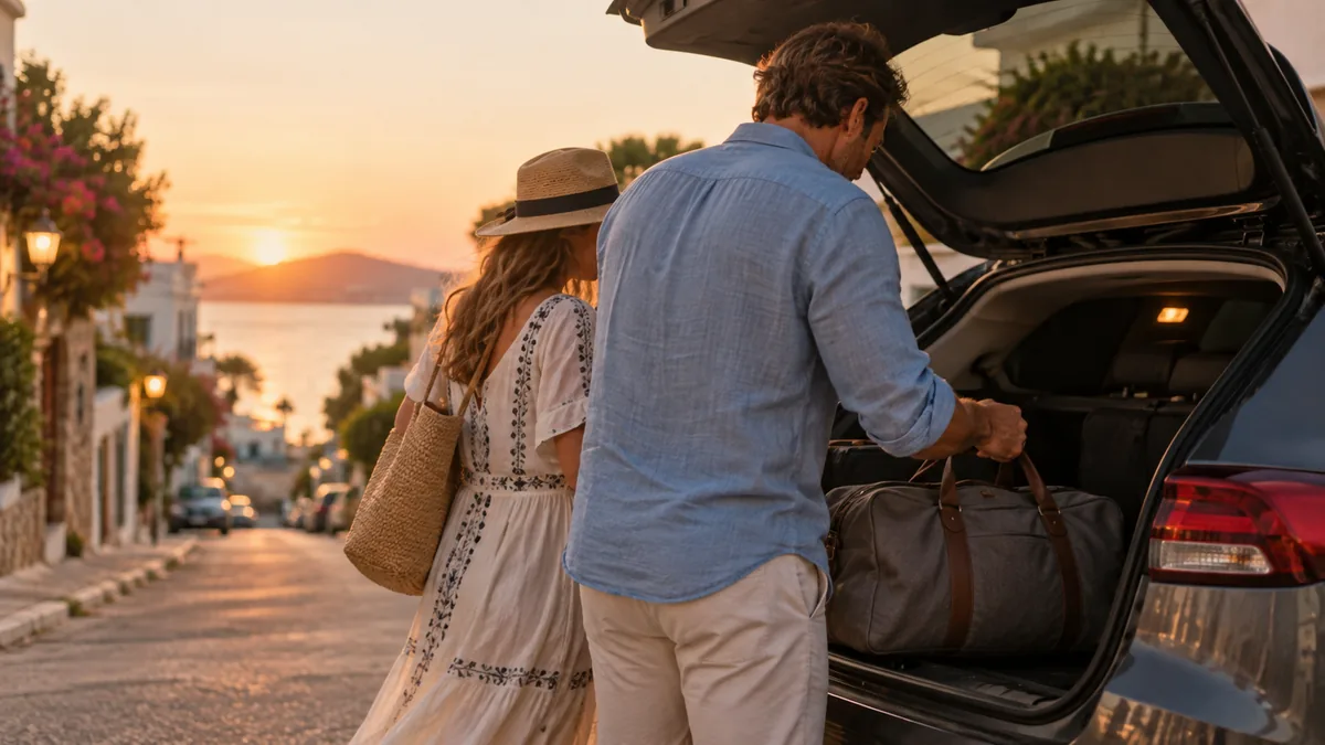 An adult couple loads a small overnight bag into a car trunk at dusk on a quiet small-town street
