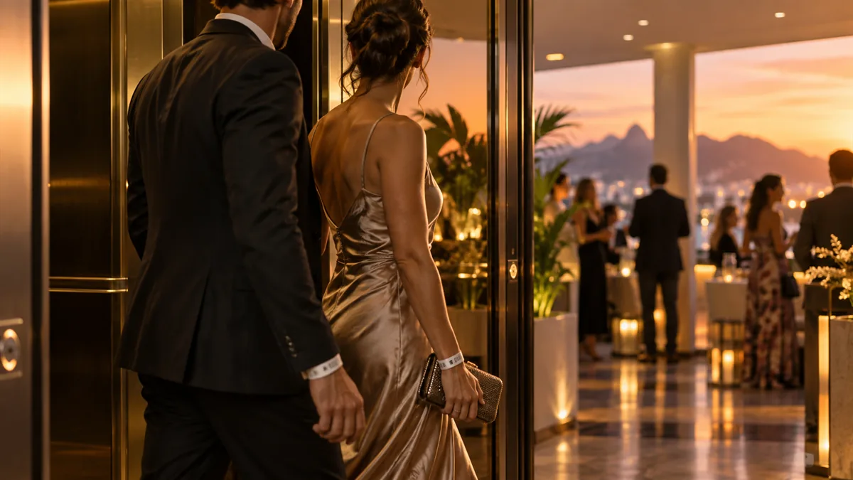 An adult couple in cocktail wear stepping out of a hotel elevator into a decorated party floor corridor, wristbands visible, other guests blurred, warm...