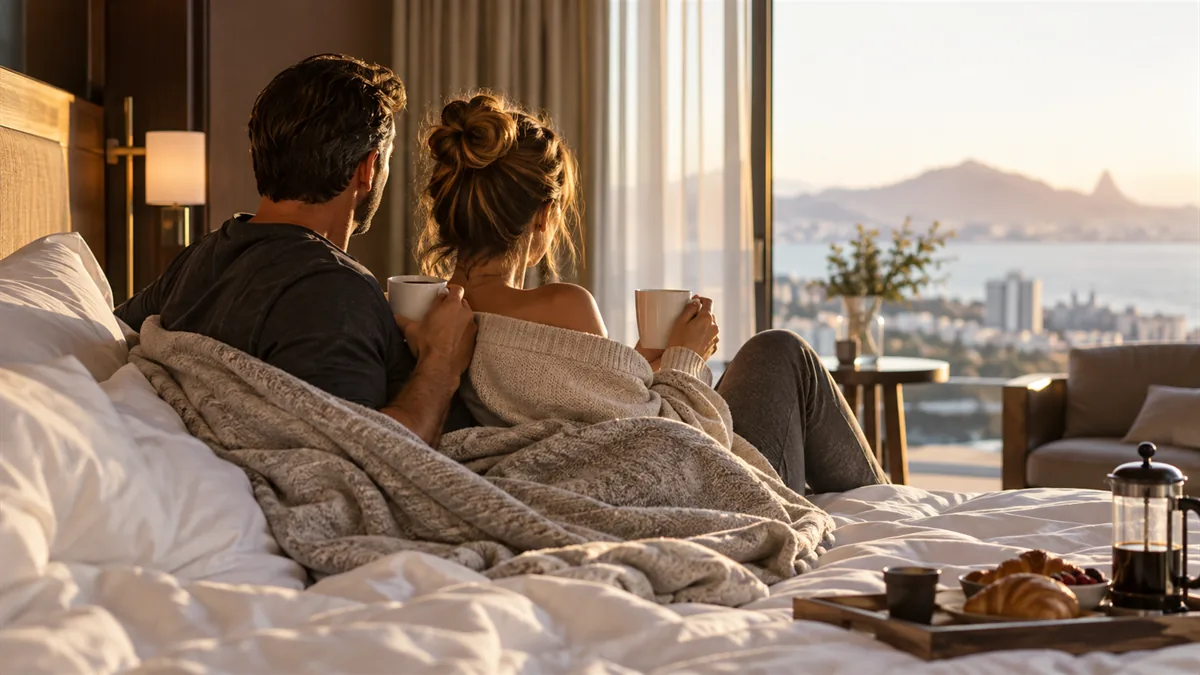 An adult couple wrapped in one blanket on a hotel bed the morning after, coffee cups, soft light