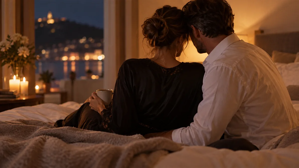 An adult couple pausing mid-evening to check in, foreheads close, whispering