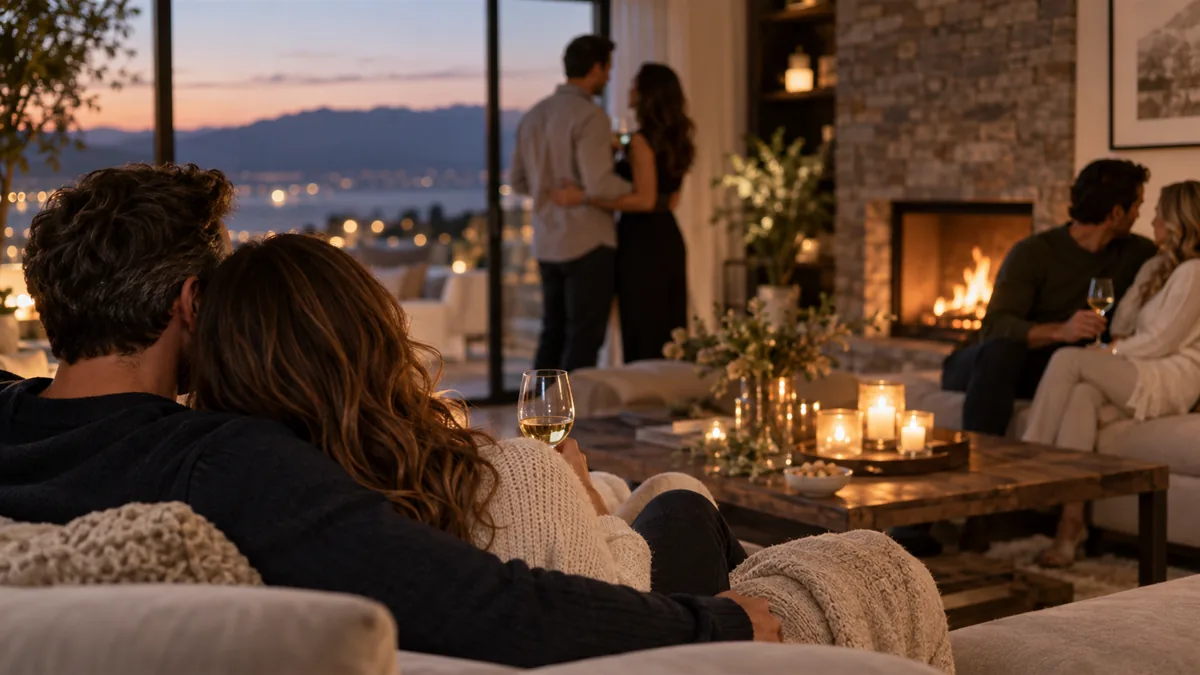 A living room party of adult couples in pairs, everyone with a partner, no singles