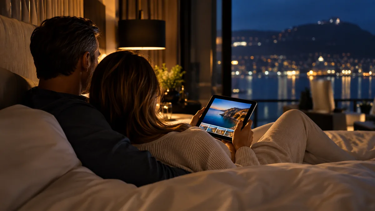 An adult couple in bed reading on a tablet together, thoughtful, no readable text