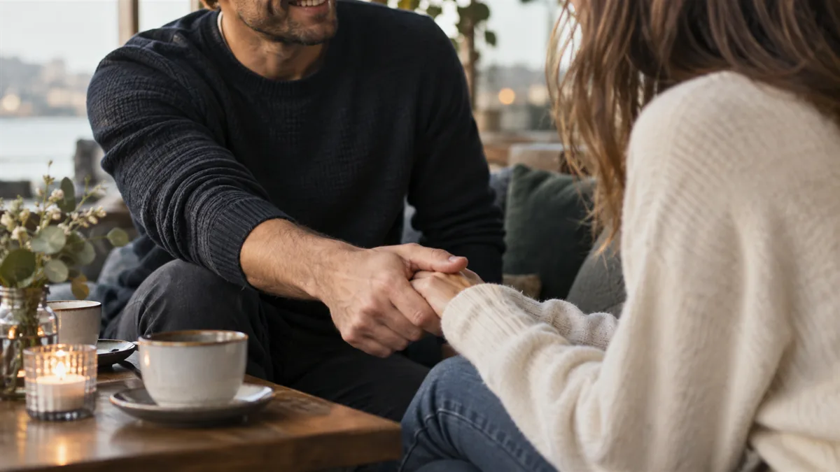 An adult pulling a partner closer by the hand with a wide grin, faces cropped