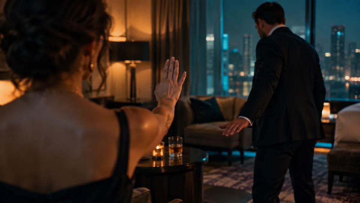 An adult hand raised flat, palm out, in a lounge, the other person stepping back respectfully
