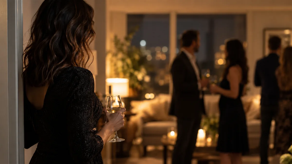 An adult standing alone at a party edge, glass in hand, partner in soft focus with someone else