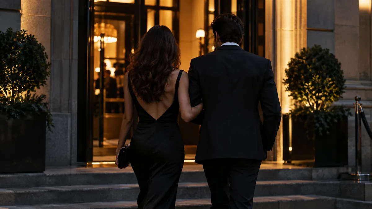 The exterior of a discreet club at night, warm door light, an adult couple walking up