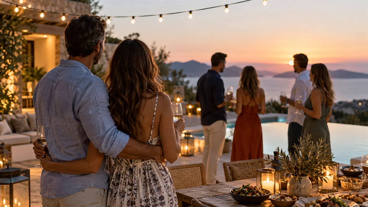 A group of adult couples at a backyard evening gathering, string lights, relaxed