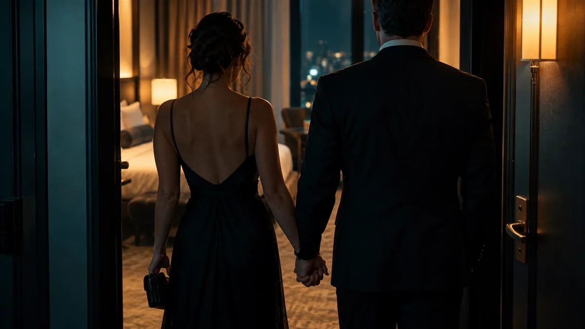 A nervous adult couple holding hands outside a lit doorway, seen from behind