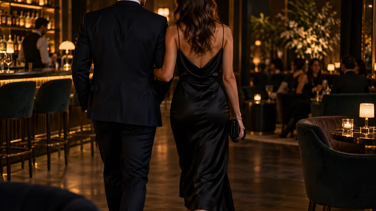 An adult couple walking away from a bar together, calm and unbothered