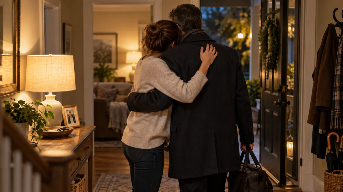An adult kissing a partner goodbye at the door, dressed to go out alone