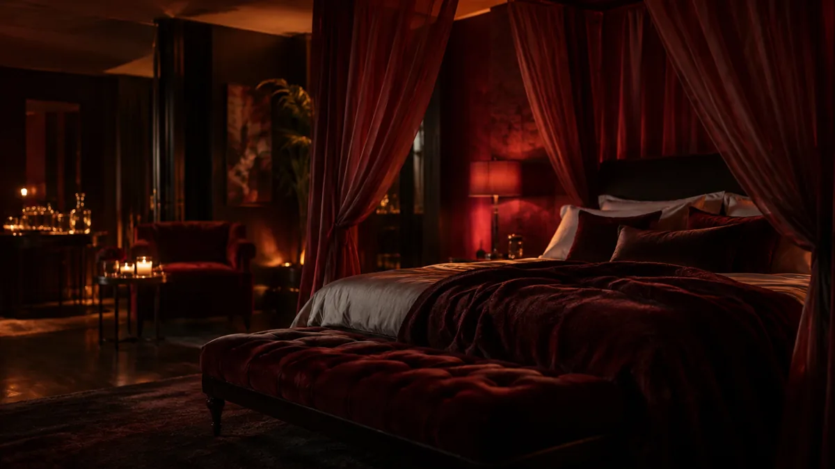 A dim tasteful room with a large bed, draped fabric and low red light, empty