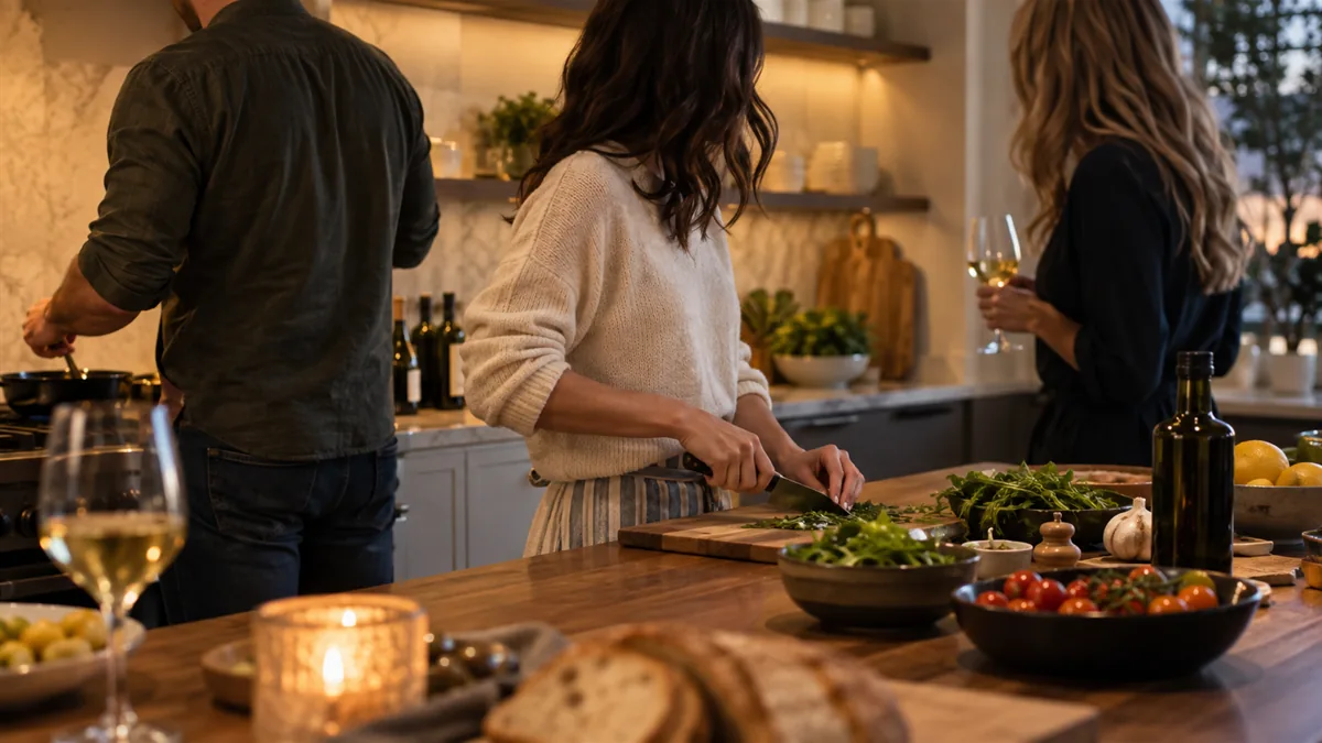 Three adults cooking together in a home kitchen, easy and domestic