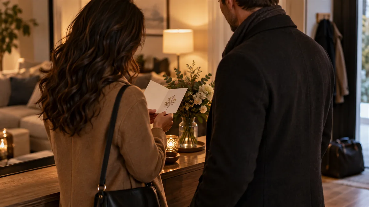 An adult couple reviewing a handwritten card before leaving the house, coats on