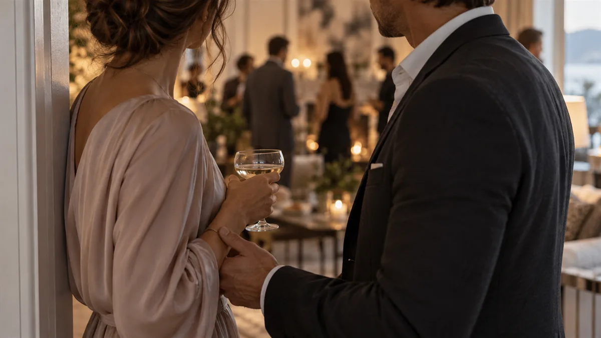 An adult couple exchanging a quiet word at the edge of a party room, one hand on the other wrist