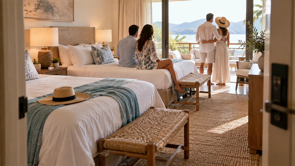 A large bedroom with two beds, two adult couples, seen from the doorway, no faces
