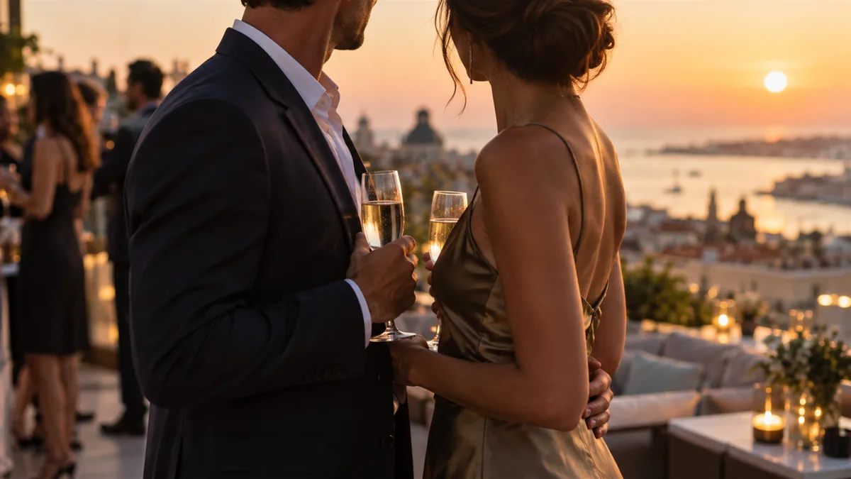 An adult couple relaxed and at ease at a party, one hand on the other, cropped faces