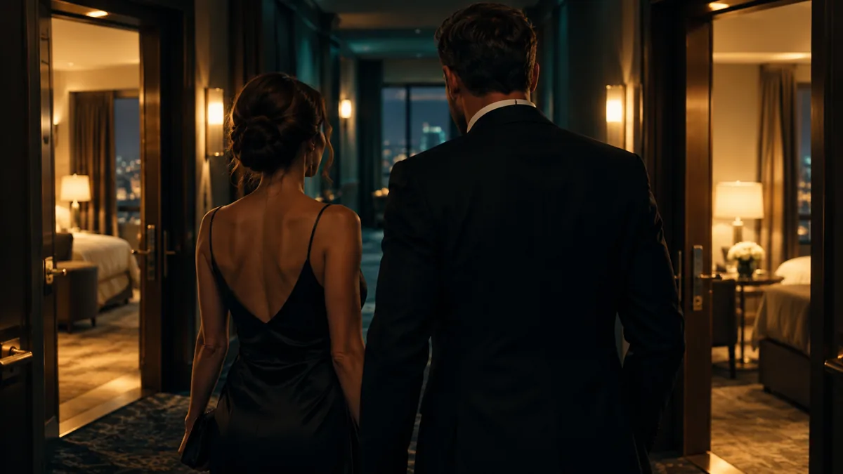 A hotel corridor with two doors ajar and warm light spilling from each