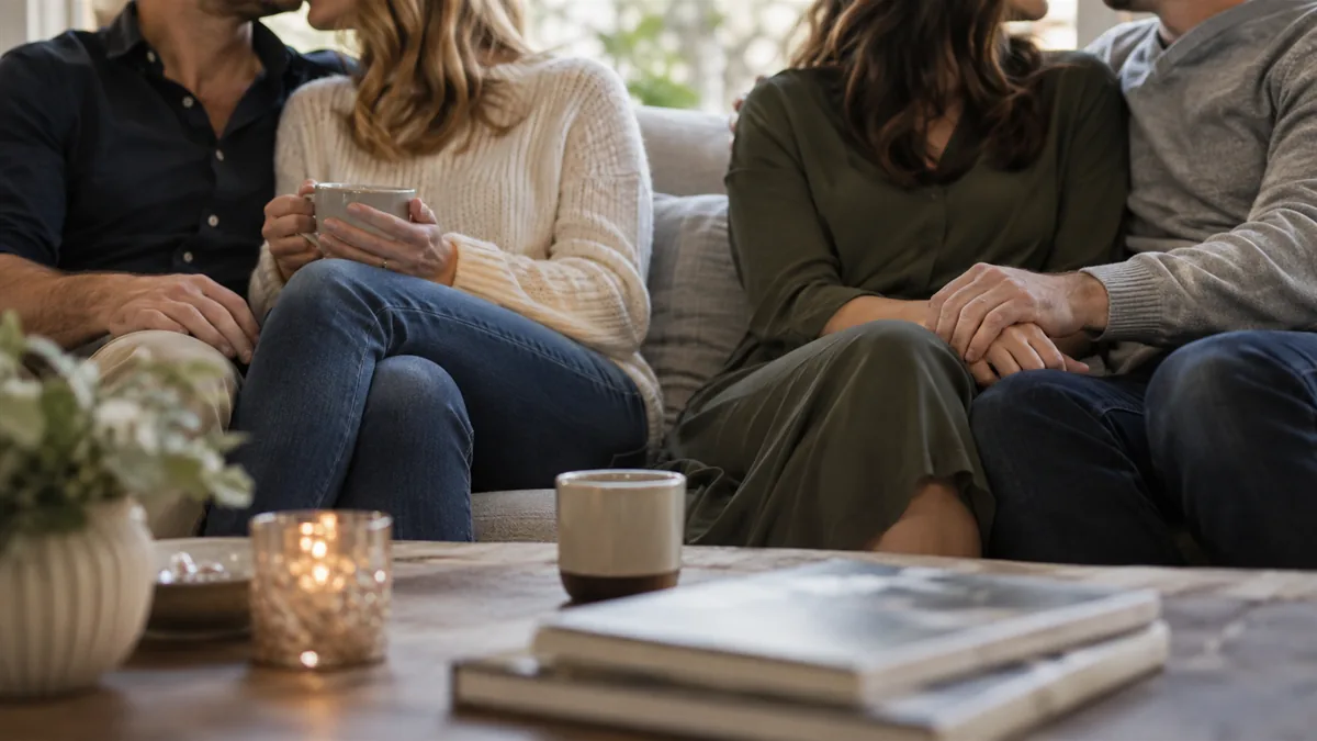 Two adult couples close on a couch, one partner from each couple leaning toward the other, hands touching, everyone still dressed