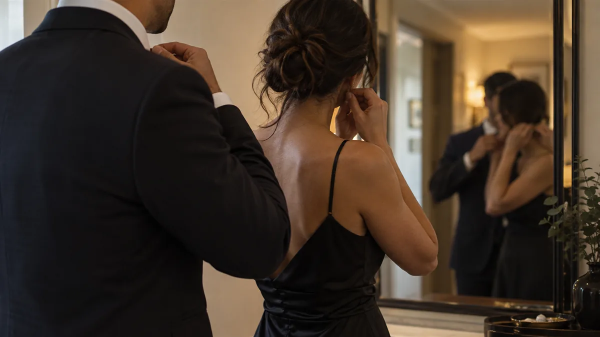 An adult couple dressed for a night out, checking each other in a hallway mirror, faces obscured