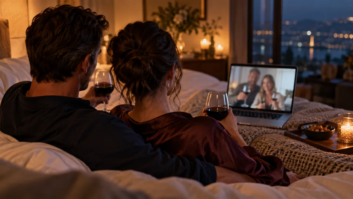 An adult couple on a video call with another couple, laptop glow, no readable screen